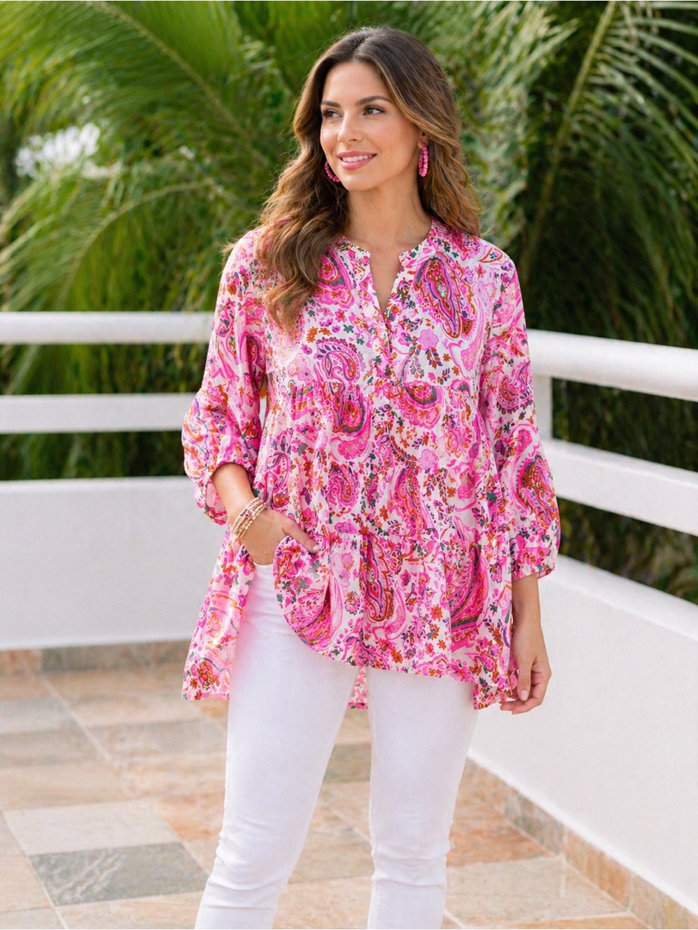 Umgee Pink Paisley Boho Tunic Top Size S Oversized Flowy Blouse